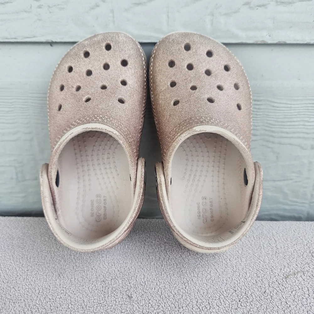Crocs Classic Clog Toddler SZ 7 Slip-On Sparkle Glitter Beige Water Shoes
